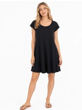 Eileen Fisher System Women's Black Stretch Shift Shirt Dress S/S Size M